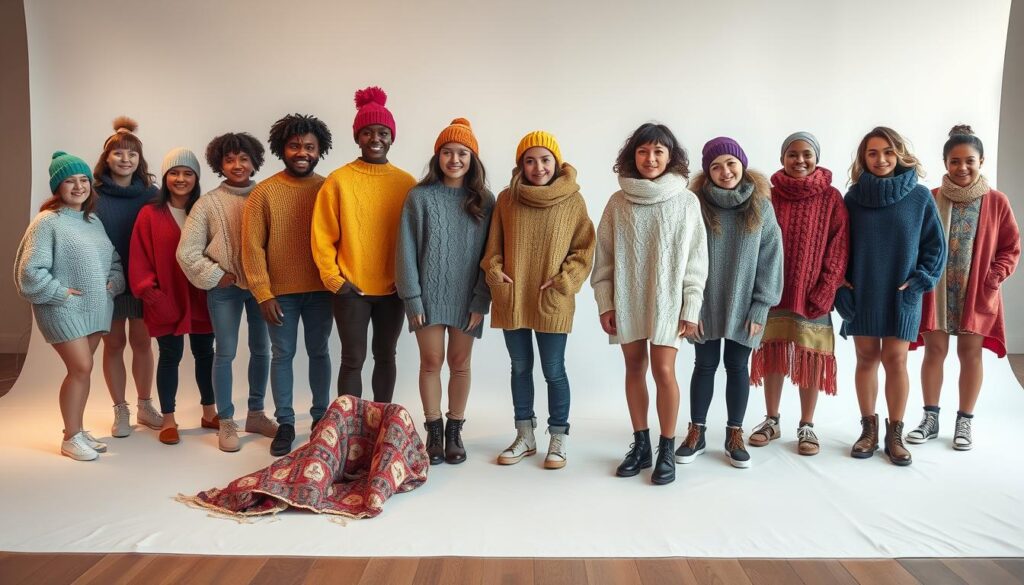 pattern tester galleries, showing a diverse array of knitted garments and accessories modeled by people of different body types, skin tones, and gender expressions, illuminated by warm, diffused lighting and photographed at a flattering angle to highlight the inclusive designs. The foreground features several knitted sweaters, hats, and scarves in a variety of vibrant colors and patterns, arranged on a clean, minimalist backdrop. The middle ground showcases the models, each posed confidently and comfortably in their inclusive garments. The background suggests a bright, airy studio setting, with subtle details that enhance the overall sense of inclusivity and celebration of diverse representation. pattern tester galleries, showing a diverse array of knitted garments and accessories modeled by people of different body types, skin tones, and gender expressions, illuminated by warm, diffused lighting and photographed at a flattering angle to highlight the inclusive designs. The foreground features several knitted sweaters, hats, and scarves in a variety of vibrant colors and patterns, arranged on a clean, minimalist backdrop. The middle ground showcases the models, each posed confidently and comfortably in their inclusive garments. The background suggests a bright, airy studio setting, with subtle details that enhance the overall sense of inclusivity and celebration of diverse representation.