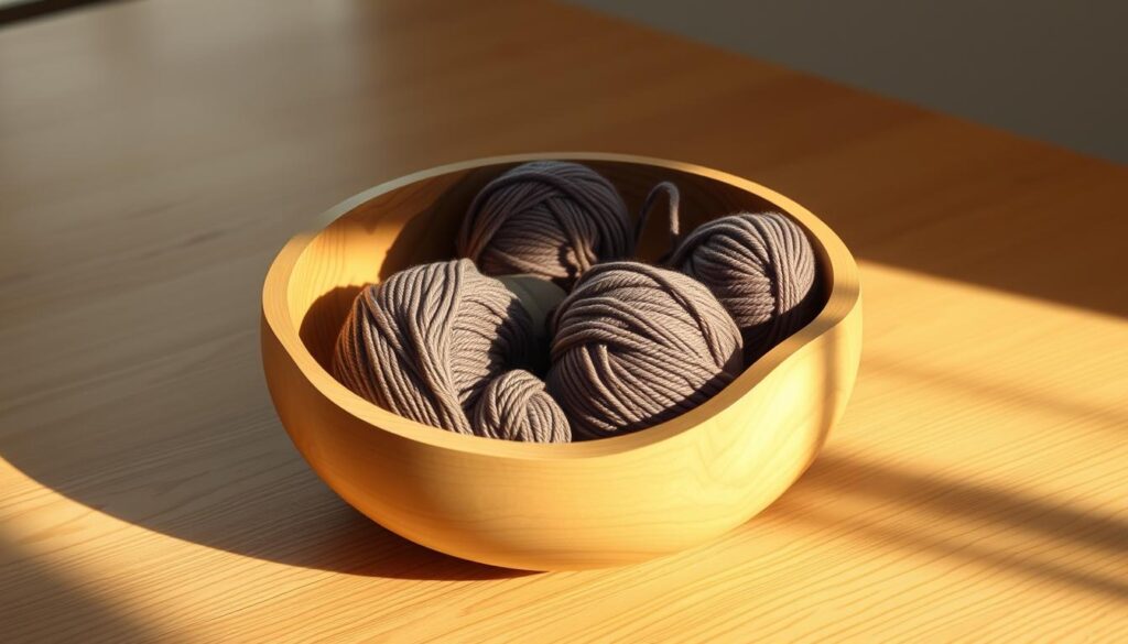 A beautifully crafted yarn bowl made of smooth, light-colored wood, sitting on a clean, uncluttered wooden surface. The bowl has a circular shape with a subtle lip, designed to hold skeins of yarn securely and prevent them from rolling away. Warm, natural lighting casts gentle shadows, highlighting the grain and texture of the wood. The overall scene conveys a sense of tranquility and mindfulness, perfectly complementing the art of stranded knitting. A beautifully crafted yarn bowl made of smooth, light-colored wood, sitting on a clean, uncluttered wooden surface. The bowl has a circular shape with a subtle lip, designed to hold skeins of yarn securely and prevent them from rolling away. Warm, natural lighting casts gentle shadows, highlighting the grain and texture of the wood. The overall scene conveys a sense of tranquility and mindfulness, perfectly complementing the art of stranded knitting.