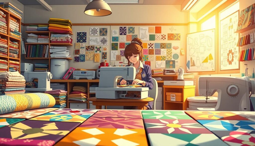 A bright, well-lit quilting studio filled with an array of fabrics, sewing machines, and quilting supplies. In the foreground, a set of colorful quilt blocks in various patterns and designs, inviting the viewer to explore the art of quilting. The middle ground features a quilter intently working on a project, her hands skillfully guiding the fabric through the machine. The background showcases a design wall adorned with swatches and sketches, providing inspiration for the beginner quilter. Warm, natural lighting filters in, creating a cozy and welcoming atmosphere. The scene captures the essence of the "Intro to Quilting and Quilt Blocks for New Sewists" section, inspiring confidence and creativity in the viewer. A bright, well-lit quilting studio filled with an array of fabrics, sewing machines, and quilting supplies. In the foreground, a set of colorful quilt blocks in various patterns and designs, inviting the viewer to explore the art of quilting. The middle ground features a quilter intently working on a project, her hands skillfully guiding the fabric through the machine. The background showcases a design wall adorned with swatches and sketches, providing inspiration for the beginner quilter. Warm, natural lighting filters in, creating a cozy and welcoming atmosphere. The scene captures the essence of the "Intro to Quilting and Quilt Blocks for New Sewists" section, inspiring confidence and creativity in the viewer.