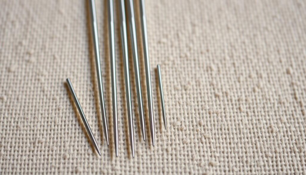 A close-up still life photograph of various sizes of tapestry needles arranged on a neutral, textured background. The needles are precisely positioned, showcasing their unique shapes and sizes. The lighting is soft and diffused, creating a warm, inviting atmosphere that highlights the intricate details of the needles. The composition emphasizes the tools' functional purpose, while the overall mood conveys a sense of craftsmanship and attention to detail, fitting the article's theme of "Tools and materials that make weaving easier". A close-up still life photograph of various sizes of tapestry needles arranged on a neutral, textured background. The needles are precisely positioned, showcasing their unique shapes and sizes. The lighting is soft and diffused, creating a warm, inviting atmosphere that highlights the intricate details of the needles. The composition emphasizes the tools' functional purpose, while the overall mood conveys a sense of craftsmanship and attention to detail, fitting the article's theme of "Tools and materials that make weaving easier".