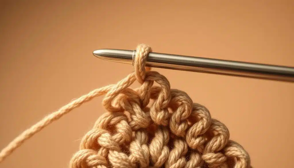 A close-up view of a crochet hook delicately pulling a looped foundation chain, creating a curled, interlocking pattern. The hook's metallic gleam is set against a soft, muted background, allowing the textured yarn to take center stage. The lighting is warm and diffused, highlighting the subtle variations in the yarn's fibers and the graceful curves of the chain. The composition draws the eye inward, inviting the viewer to appreciate the intricate technique and the meditative process of crochet. The overall mood is one of focused craftsmanship, where time slows down, and the creation of something beautiful emerges. A close-up view of a crochet hook delicately pulling a looped foundation chain, creating a curled, interlocking pattern. The hook's metallic gleam is set against a soft, muted background, allowing the textured yarn to take center stage. The lighting is warm and diffused, highlighting the subtle variations in the yarn's fibers and the graceful curves of the chain. The composition draws the eye inward, inviting the viewer to appreciate the intricate technique and the meditative process of crochet. The overall mood is one of focused craftsmanship, where time slows down, and the creation of something beautiful emerges.