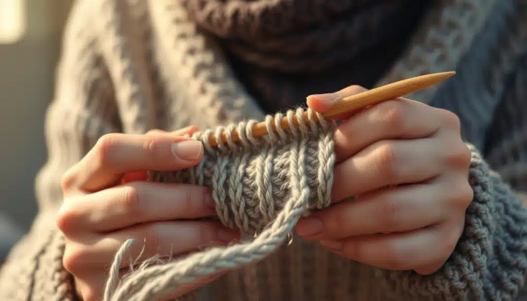 A close-up view of a knitter's hands holding a partially completed knitting project. The foreground shows the knitter's fingers delicately manipulating the yarn and needles, with a focus on the tension and stretch of the fabric as it's being created. The middle ground reveals the intricate stitch patterns and the gradual unfolding of the knitting. The background is slightly blurred, creating a sense of depth and drawing the viewer's attention to the craftsmanship. The lighting is soft and warm, accentuating the textures and highlighting the subtle movements of the hands. The overall mood is one of concentration, control, and the satisfying process of knitting. A close-up view of a knitter's hands holding a partially completed knitting project. The foreground shows the knitter's fingers delicately manipulating the yarn and needles, with a focus on the tension and stretch of the fabric as it's being created. The middle ground reveals the intricate stitch patterns and the gradual unfolding of the knitting. The background is slightly blurred, creating a sense of depth and drawing the viewer's attention to the craftsmanship. The lighting is soft and warm, accentuating the textures and highlighting the subtle movements of the hands. The overall mood is one of concentration, control, and the satisfying process of knitting.