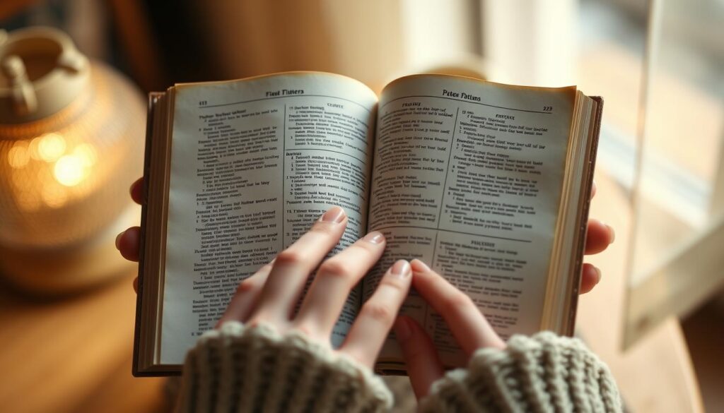 A close-up view of a person's hands holding open a well-worn crochet pattern book. The book's pages are filled with intricate diagrams and instructions, the paper worn and softened from repeated use. The hands gently turn the pages, tracing the patterns with their fingertips, deep in concentration. The lighting is soft and warm, creating a cozy, intimate atmosphere. The background is slightly blurred, allowing the focus to remain on the hands and the pattern book, emphasizing the act of closely studying the crochet instructions. The image conveys a sense of expertise, dedication, and the joy of mastering the craft of crocheting. A close-up view of a person's hands holding open a well-worn crochet pattern book. The book's pages are filled with intricate diagrams and instructions, the paper worn and softened from repeated use. The hands gently turn the pages, tracing the patterns with their fingertips, deep in concentration. The lighting is soft and warm, creating a cozy, intimate atmosphere. The background is slightly blurred, allowing the focus to remain on the hands and the pattern book, emphasizing the act of closely studying the crochet instructions. The image conveys a sense of expertise, dedication, and the joy of mastering the craft of crocheting.