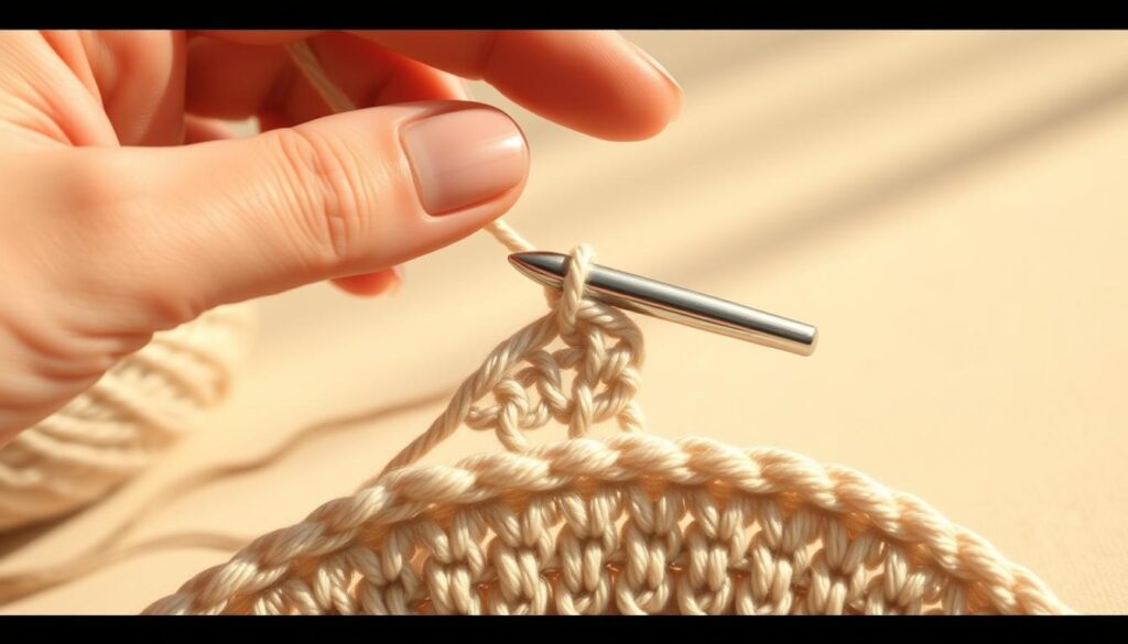 A close-up view of a skilled hand demonstrating the single crochet stitch. The fingers are delicately manipulating the yarn and the crochet hook, with a ball of yarn and a partially crocheted swatch in the foreground. The background is a soft, neutral tone, allowing the intricate stitch work to be the focal point. Warm, natural lighting illuminates the scene, creating a cozy and inviting atmosphere. The camera angle is slightly elevated, providing a clear and detailed perspective of the stitch formation process. The overall composition emphasizes the step-by-step technique, guiding the viewer through the fundamental single crochet stitch. A close-up view of a skilled hand demonstrating the single crochet stitch. The fingers are delicately manipulating the yarn and the crochet hook, with a ball of yarn and a partially crocheted swatch in the foreground. The background is a soft, neutral tone, allowing the intricate stitch work to be the focal point. Warm, natural lighting illuminates the scene, creating a cozy and inviting atmosphere. The camera angle is slightly elevated, providing a clear and detailed perspective of the stitch formation process. The overall composition emphasizes the step-by-step technique, guiding the viewer through the fundamental single crochet stitch.