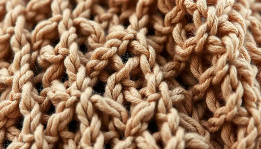 A close-up view of intricate textured crochet stitches in a natural, soft light. The stitches feature a mix of raised, looped, and crossed patterns, creating a rich, tactile surface with depth and dimension. The yarn has a plush, woolen texture, rendered in muted earth tones that evoke a cozy, handcrafted aesthetic. The composition fills the frame, highlighting the intricate details and structure of the crochet work. The image has a shallow depth of field, gently blurring the background to focus attention on the captivating stitch definition. A close-up view of intricate textured crochet stitches in a natural, soft light. The stitches feature a mix of raised, looped, and crossed patterns, creating a rich, tactile surface with depth and dimension. The yarn has a plush, woolen texture, rendered in muted earth tones that evoke a cozy, handcrafted aesthetic. The composition fills the frame, highlighting the intricate details and structure of the crochet work. The image has a shallow depth of field, gently blurring the background to focus attention on the captivating stitch definition.