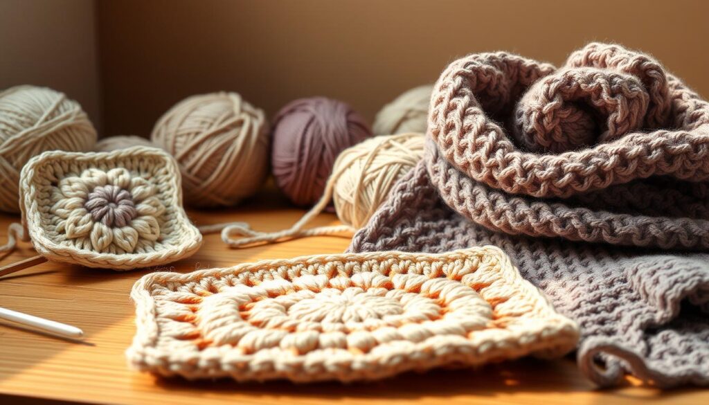 A cozy and inviting scene of crochet beginner projects, captured in soft, natural lighting. In the foreground, a collection of simple patterns and stitches - a classic granny square, a delicate flower motif, and a chunky textured scarf. The middle ground showcases a selection of yarn skeins in a harmonious color palette, inviting the viewer to explore and create. In the background, a simple wooden surface sets the stage, adding warmth and rustic charm. The overall atmosphere is one of tranquility and the joy of learning a new craft, perfect for the "crochet for beginners" section of the article. A cozy and inviting scene of crochet beginner projects, captured in soft, natural lighting. In the foreground, a collection of simple patterns and stitches - a classic granny square, a delicate flower motif, and a chunky textured scarf. The middle ground showcases a selection of yarn skeins in a harmonious color palette, inviting the viewer to explore and create. In the background, a simple wooden surface sets the stage, adding warmth and rustic charm. The overall atmosphere is one of tranquility and the joy of learning a new craft, perfect for the "crochet for beginners" section of the article.