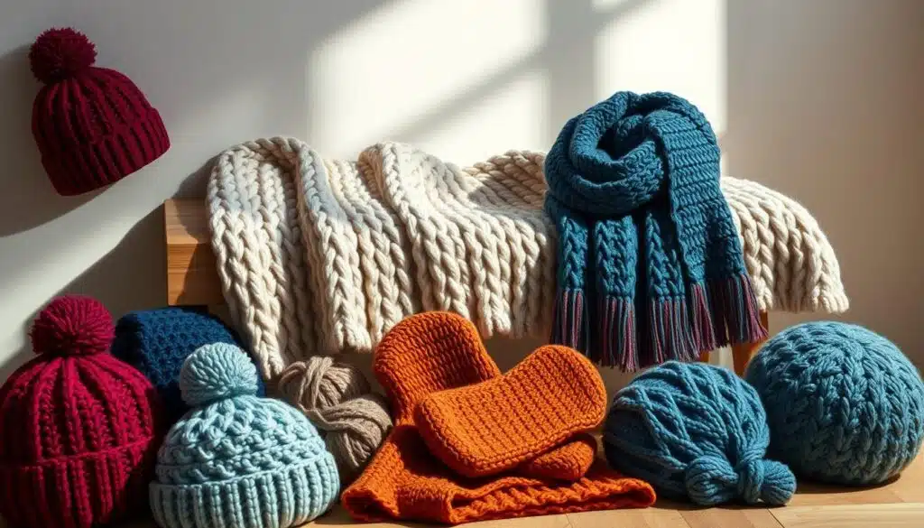 A cozy and stylish still life scene showcasing a variety of modern crochet accessories. In the foreground, a selection of handmade hats, scarves, and mittens in rich, jewel-toned colors are artfully arranged. The mid-ground features a plush, chunky knit blanket in a neutral shade, draped over a wooden bench. Soft, diffused lighting illuminates the scene, casting gentle shadows and highlighting the intricate textures of the crochet. The background is a simple, minimalist backdrop, allowing the crafted pieces to take center stage. The overall mood is one of comfort, warmth, and elevated, fashionable style. A cozy and stylish still life scene showcasing a variety of modern crochet accessories. In the foreground, a selection of handmade hats, scarves, and mittens in rich, jewel-toned colors are artfully arranged. The mid-ground features a plush, chunky knit blanket in a neutral shade, draped over a wooden bench. Soft, diffused lighting illuminates the scene, casting gentle shadows and highlighting the intricate textures of the crochet. The background is a simple, minimalist backdrop, allowing the crafted pieces to take center stage. The overall mood is one of comfort, warmth, and elevated, fashionable style.