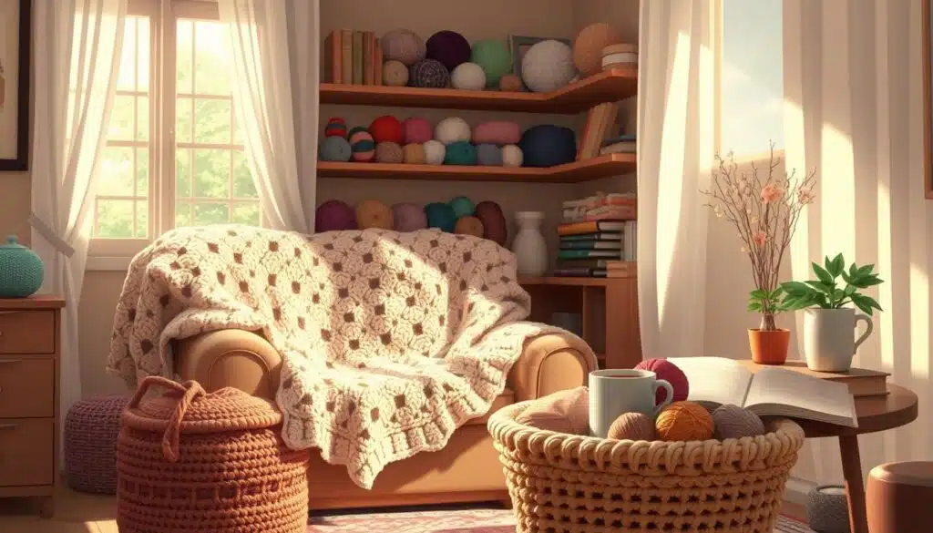 A cozy crochet nook in a warm, sunlit bedroom. An overstuffed armchair draped with a handmade afghan, surrounded by shelves displaying an array of colorful crochet projects. Soft, natural lighting filters through sheer curtains, casting a gentle glow. In the foreground, a handcrafted crochet basket overflows with skeins of yarn in earthy tones. A small side table holds a steaming mug of tea and a well-worn crochet pattern book. The space exudes a sense of comfort, creativity, and relaxation, inviting the viewer to curl up and get lost in the rhythmic motions of crochet. A cozy crochet nook in a warm, sunlit bedroom. An overstuffed armchair draped with a handmade afghan, surrounded by shelves displaying an array of colorful crochet projects. Soft, natural lighting filters through sheer curtains, casting a gentle glow. In the foreground, a handcrafted crochet basket overflows with skeins of yarn in earthy tones. A small side table holds a steaming mug of tea and a well-worn crochet pattern book. The space exudes a sense of comfort, creativity, and relaxation, inviting the viewer to curl up and get lost in the rhythmic motions of crochet.