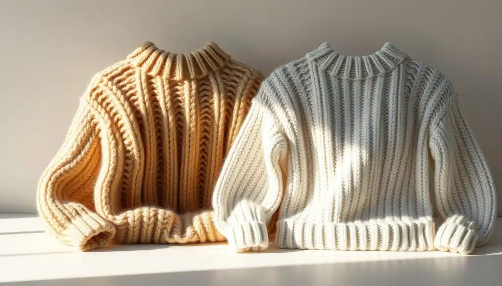 A cozy knit sweater made of rich, textured wool sits next to a sleek, synthetic acrylic one. The wool sweater emanates a warm, inviting glow, its fibers catching the soft, diffused light and casting subtle shadows. The acrylic sweater, in contrast, has a smoother, more uniform appearance, reflecting the light sharply. The background is a neutral, minimalist setting, allowing the tactile qualities of the two materials to take center stage. The scene is captured in a clean, high-resolution photograph, highlighting the distinct visual and tactile differences between the natural and man-made fibers. A cozy knit sweater made of rich, textured wool sits next to a sleek, synthetic acrylic one. The wool sweater emanates a warm, inviting glow, its fibers catching the soft, diffused light and casting subtle shadows. The acrylic sweater, in contrast, has a smoother, more uniform appearance, reflecting the light sharply. The background is a neutral, minimalist setting, allowing the tactile qualities of the two materials to take center stage. The scene is captured in a clean, high-resolution photograph, highlighting the distinct visual and tactile differences between the natural and man-made fibers.