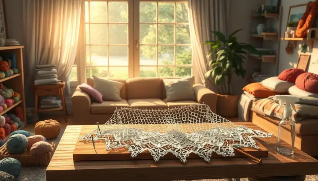A cozy living room filled with an assortment of colorful yarn skeins and crochet hooks, bathed in warm, soft lighting. In the foreground, a delicate lace shawl is carefully stretched out over a wooden blocking board, its intricate stitches becoming defined as the fibers are gently coaxed into shape. Surrounding the shawl, a tidy arrangement of various blocking tools - T-pins, spray bottles, and blocking wires - create a sense of order and process. The background features a large window overlooking a tranquil garden, adding to the serene and contemplative atmosphere. The overall scene evokes the purposeful and meditative nature of the fiber blocking technique. A cozy living room filled with an assortment of colorful yarn skeins and crochet hooks, bathed in warm, soft lighting. In the foreground, a delicate lace shawl is carefully stretched out over a wooden blocking board, its intricate stitches becoming defined as the fibers are gently coaxed into shape. Surrounding the shawl, a tidy arrangement of various blocking tools - T-pins, spray bottles, and blocking wires - create a sense of order and process. The background features a large window overlooking a tranquil garden, adding to the serene and contemplative atmosphere. The overall scene evokes the purposeful and meditative nature of the fiber blocking technique.
