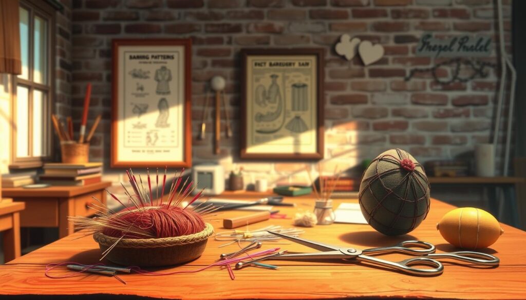 A cozy studio workspace bathed in warm, diffused natural light. On a rustic wooden table, an array of meticulously curated darning supplies: a selection of needles in varying sizes, a pincushion overflowing with vibrant threads, a pair of precision embroidery scissors, and a well-worn darning egg. In the background, a framed vintage sewing pattern hangs on the exposed brick wall, hinting at a passion for textile restoration. The entire scene evokes a sense of craftsmanship, attention to detail, and a reverence for the art of mending. A cozy studio workspace bathed in warm, diffused natural light. On a rustic wooden table, an array of meticulously curated darning supplies: a selection of needles in varying sizes, a pincushion overflowing with vibrant threads, a pair of precision embroidery scissors, and a well-worn darning egg. In the background, a framed vintage sewing pattern hangs on the exposed brick wall, hinting at a passion for textile restoration. The entire scene evokes a sense of craftsmanship, attention to detail, and a reverence for the art of mending.