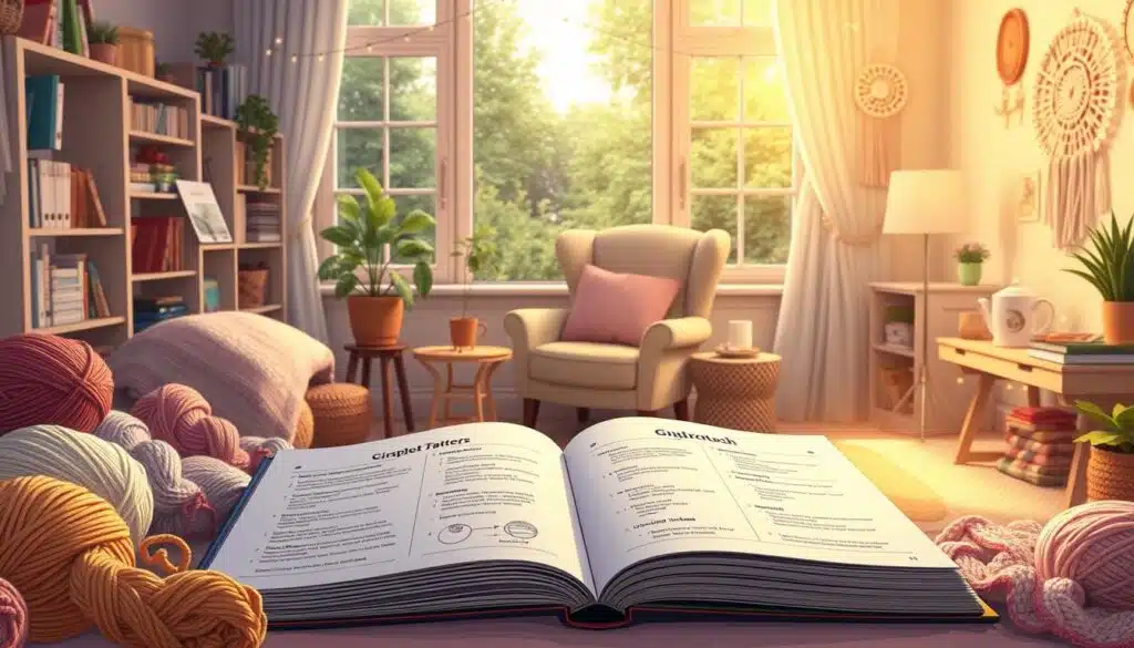 A cozy, well-lit home studio filled with a variety of beginner-friendly crochet patterns. In the foreground, an open crochet book showcases simple stitch tutorials and diagrams. Surrounding it, a collection of colorful yarn skeins, hooks, and basic project ideas like a plush blanket, a delicate doily, and a whimsical wall hanging. The middle ground features a workspace with a comfortable armchair, a side table with a steaming mug, and a string of fairy lights, creating a warm, inviting atmosphere. In the background, a large window overlooks a peaceful garden, bathing the scene in soft, natural light. The overall mood is one of relaxation, inspiration, and the joy of learning a new craft. A cozy, well-lit home studio filled with a variety of beginner-friendly crochet patterns. In the foreground, an open crochet book showcases simple stitch tutorials and diagrams. Surrounding it, a collection of colorful yarn skeins, hooks, and basic project ideas like a plush blanket, a delicate doily, and a whimsical wall hanging. The middle ground features a workspace with a comfortable armchair, a side table with a steaming mug, and a string of fairy lights, creating a warm, inviting atmosphere. In the background, a large window overlooks a peaceful garden, bathing the scene in soft, natural light. The overall mood is one of relaxation, inspiration, and the joy of learning a new craft.