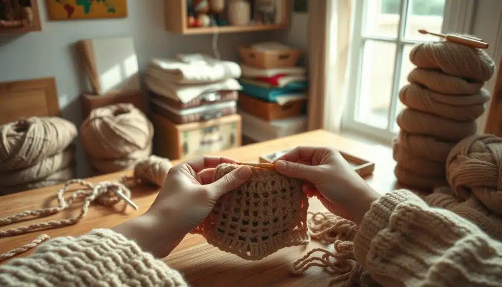 A cozy, well-lit home studio with soft natural lighting illuminating a wooden table. On the table, a pair of hands deftly working on a crochet project, demonstrating the intricate waffle stitch pattern. The hands are surrounded by skeins of soft, textured yarn in muted, earthy tones, neatly organized. In the background, a stack of crochet hooks and other tools add to the crafty atmosphere. The composition highlights the step-by-step process of creating the waffle stitch, inviting the viewer to imagine the comforting, textural sensation of the handmade fabric. A cozy, well-lit home studio with soft natural lighting illuminating a wooden table. On the table, a pair of hands deftly working on a crochet project, demonstrating the intricate waffle stitch pattern. The hands are surrounded by skeins of soft, textured yarn in muted, earthy tones, neatly organized. In the background, a stack of crochet hooks and other tools add to the crafty atmosphere. The composition highlights the step-by-step process of creating the waffle stitch, inviting the viewer to imagine the comforting, textural sensation of the handmade fabric.