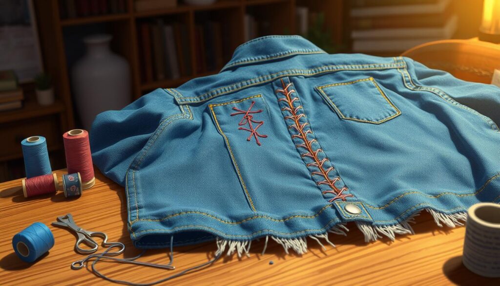 A cozy, well-lit interior with a wooden table in the foreground, showcasing a denim garment undergoing visible mending. Intricate stitches in contrasting threads create an intricate, decorative pattern across the fabric, adding texture and character. Spools of thread, needles, and other sewing notions are neatly arranged alongside, creating a sense of craftsmanship and attention to detail. Warm, diffused lighting casts a gentle glow, highlighting the skilled handiwork. The background features a bookshelf or similar domestic setting, conveying a atmosphere of thoughtful, creative repair. A cozy, well-lit interior with a wooden table in the foreground, showcasing a denim garment undergoing visible mending. Intricate stitches in contrasting threads create an intricate, decorative pattern across the fabric, adding texture and character. Spools of thread, needles, and other sewing notions are neatly arranged alongside, creating a sense of craftsmanship and attention to detail. Warm, diffused lighting casts a gentle glow, highlighting the skilled handiwork. The background features a bookshelf or similar domestic setting, conveying a atmosphere of thoughtful, creative repair.