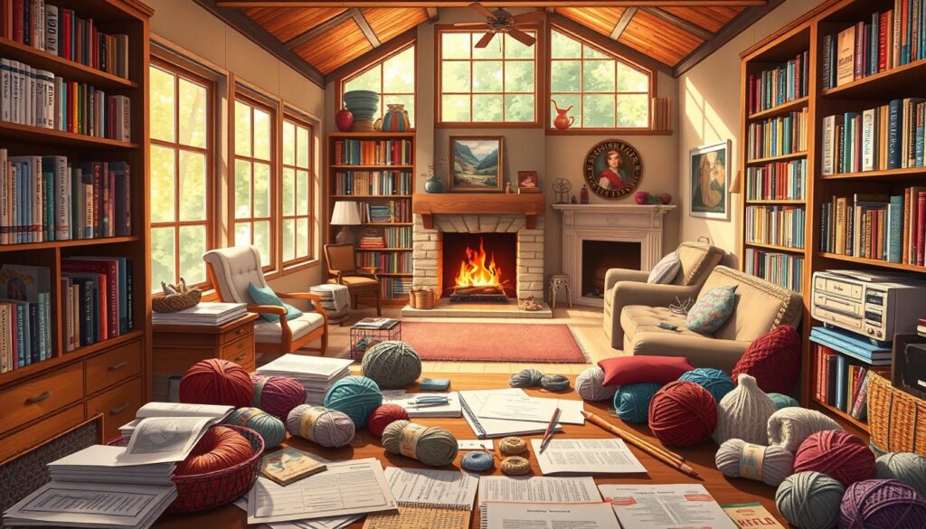 A cozy, well-lit knitting studio filled with natural light from large windows. In the foreground, a table displays an array of knitting patterns, yarn skeins, and needles in various colors and textures. The middle ground showcases bookcases lined with knitting reference books, stitch dictionaries, and pattern collections. The background features a warm, inviting atmosphere with a fireplace and plush seating areas, suggesting a space for inspiration and creativity. The overall mood is one of warmth, comfort, and a passion for the craft of knitting. A cozy, well-lit knitting studio filled with natural light from large windows. In the foreground, a table displays an array of knitting patterns, yarn skeins, and needles in various colors and textures. The middle ground showcases bookcases lined with knitting reference books, stitch dictionaries, and pattern collections. The background features a warm, inviting atmosphere with a fireplace and plush seating areas, suggesting a space for inspiration and creativity. The overall mood is one of warmth, comfort, and a passion for the craft of knitting.