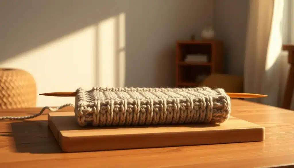 A cozy, well-lit studio setting with a knitting gauge swatch resting on a wooden table. The swatch is made of soft, neutral-toned yarn, showcasing the stitch pattern in clear detail. Warm, diffused lighting casts subtle shadows, accentuating the texture of the fabric. The background is a clean, minimalist space, allowing the swatch to be the focal point. The overall mood is one of focused attention, inviting the viewer to closely examine the importance of gauge in knitting. A cozy, well-lit studio setting with a knitting gauge swatch resting on a wooden table. The swatch is made of soft, neutral-toned yarn, showcasing the stitch pattern in clear detail. Warm, diffused lighting casts subtle shadows, accentuating the texture of the fabric. The background is a clean, minimalist space, allowing the swatch to be the focal point. The overall mood is one of focused attention, inviting the viewer to closely examine the importance of gauge in knitting.