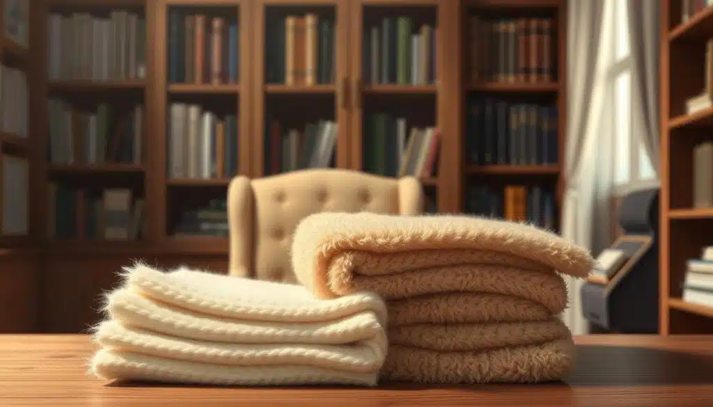 A cozy, well-lit study with a wooden desk and bookshelves in the background. In the foreground, two stacks of fabric swatches, one of soft, ivory-colored merino wool and the other of warm, fuzzy alpaca fleece. The fabrics are displayed with care, allowing the viewer to closely examine and compare their distinct textures and hues. The lighting casts a gentle, inviting glow, creating an atmosphere of thoughtful contemplation as the viewer considers the qualities and suitability of each material for their lifestyle and needs. A cozy, well-lit study with a wooden desk and bookshelves in the background. In the foreground, two stacks of fabric swatches, one of soft, ivory-colored merino wool and the other of warm, fuzzy alpaca fleece. The fabrics are displayed with care, allowing the viewer to closely examine and compare their distinct textures and hues. The lighting casts a gentle, inviting glow, creating an atmosphere of thoughtful contemplation as the viewer considers the qualities and suitability of each material for their lifestyle and needs.
