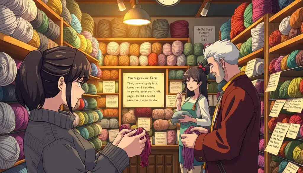 A cozy yarn shop interior, softly lit with warm incandescent lighting. Shelves and displays are neatly organized, showcasing an array of yarn skeins in a variety of textures, colors, and fiber types - wool, cotton, acrylic, and blends. In the foreground, a customer examines different yarn samples, thoughtfully running the fibers through their fingers. The middle ground features helpful signage and tags explaining yarn properties, gauges, and recommended needle sizes. In the background, a knowledgeable salesperson offers guidance, discussing the unique qualities of each yarn to help the customer make an informed decision. An atmosphere of helpful, artisanal expertise pervades the scene. A cozy yarn shop interior, softly lit with warm incandescent lighting. Shelves and displays are neatly organized, showcasing an array of yarn skeins in a variety of textures, colors, and fiber types - wool, cotton, acrylic, and blends. In the foreground, a customer examines different yarn samples, thoughtfully running the fibers through their fingers. The middle ground features helpful signage and tags explaining yarn properties, gauges, and recommended needle sizes. In the background, a knowledgeable salesperson offers guidance, discussing the unique qualities of each yarn to help the customer make an informed decision. An atmosphere of helpful, artisanal expertise pervades the scene.