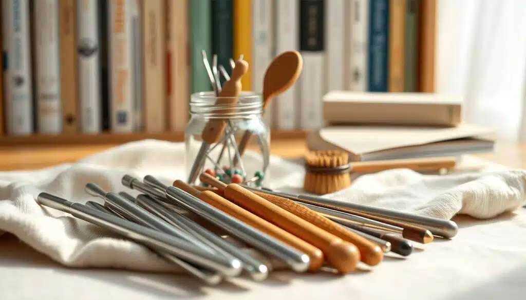 A meticulously arranged still life showcasing the care and storage of crochet hooks. In the foreground, a collection of aluminum and wooden hooks rest on a soft, neutral-toned cloth, their surfaces gleaming under natural lighting. The middle ground features a small glass jar filled with an assortment of tools, such as stitch markers and tapestry needles, alongside a small brush for gentle cleaning. In the background, a soothing, blurred bookshelf provides a calming, textural backdrop, hinting at the wealth of crochet knowledge and inspiration that surrounds the scene. The overall mood is one of tranquility and appreciation for the craftsmanship of these essential tools. A meticulously arranged still life showcasing the care and storage of crochet hooks. In the foreground, a collection of aluminum and wooden hooks rest on a soft, neutral-toned cloth, their surfaces gleaming under natural lighting. The middle ground features a small glass jar filled with an assortment of tools, such as stitch markers and tapestry needles, alongside a small brush for gentle cleaning. In the background, a soothing, blurred bookshelf provides a calming, textural backdrop, hinting at the wealth of crochet knowledge and inspiration that surrounds the scene. The overall mood is one of tranquility and appreciation for the craftsmanship of these essential tools.