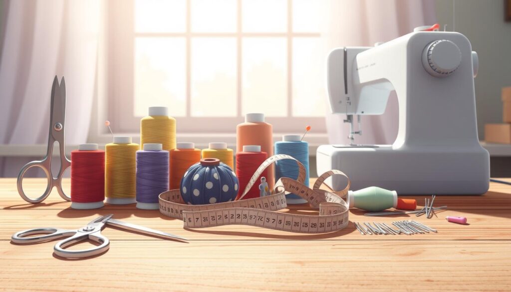 A neatly arranged collection of sewing-related items, including a pair of scissors, spools of thread in various colors, a pincushion, a measuring tape, a sewing machine, and a collection of different-sized needles, all illuminated by soft, natural lighting from a large window in the background. The items are presented on a wooden table with a subtle, textured surface, creating a warm and inviting atmosphere suitable for a tutorial on sewing basics. A neatly arranged collection of sewing-related items, including a pair of scissors, spools of thread in various colors, a pincushion, a measuring tape, a sewing machine, and a collection of different-sized needles, all illuminated by soft, natural lighting from a large window in the background. The items are presented on a wooden table with a subtle, textured surface, creating a warm and inviting atmosphere suitable for a tutorial on sewing basics.