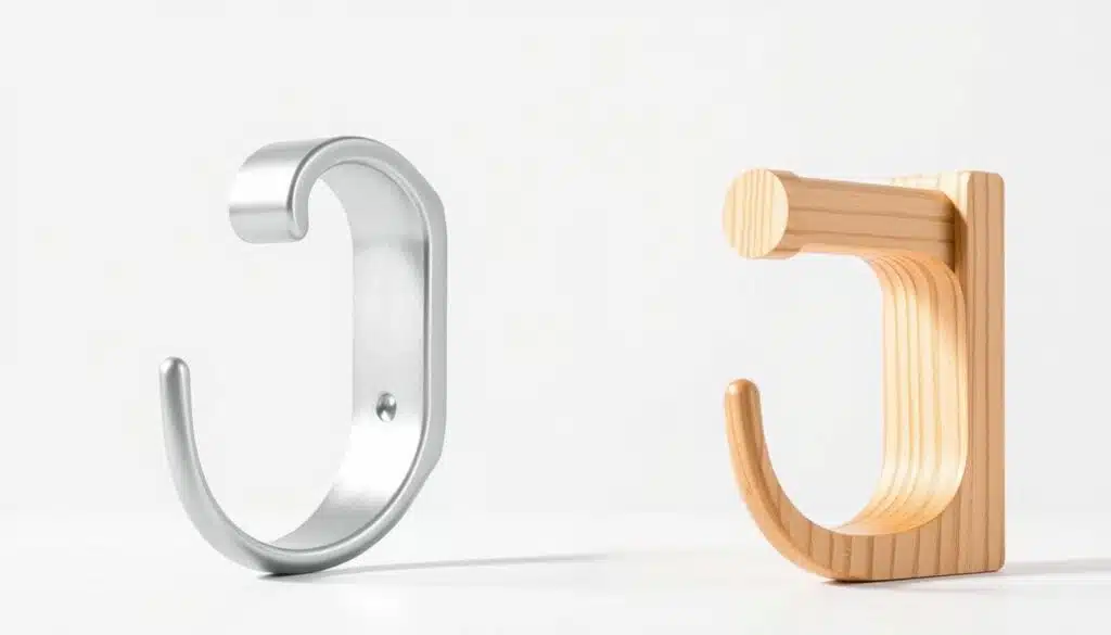 A side-by-side comparison of an aluminum hook and a wooden hook, captured in a crisp, well-lit studio setting. The hooks are positioned prominently in the foreground, showcasing their distinct materials, designs, and textures. The aluminum hook has a sleek, modern appearance with a metallic sheen, while the wooden hook exhibits a more rustic, natural charm with visible wood grain. The background is a clean, neutral backdrop, allowing the hooks to be the central focus. Careful lighting accentuates the unique properties of each material, highlighting the differences in strength, durability, and visual appeal between the two hooks. A side-by-side comparison of an aluminum hook and a wooden hook, captured in a crisp, well-lit studio setting. The hooks are positioned prominently in the foreground, showcasing their distinct materials, designs, and textures. The aluminum hook has a sleek, modern appearance with a metallic sheen, while the wooden hook exhibits a more rustic, natural charm with visible wood grain. The background is a clean, neutral backdrop, allowing the hooks to be the central focus. Careful lighting accentuates the unique properties of each material, highlighting the differences in strength, durability, and visual appeal between the two hooks.