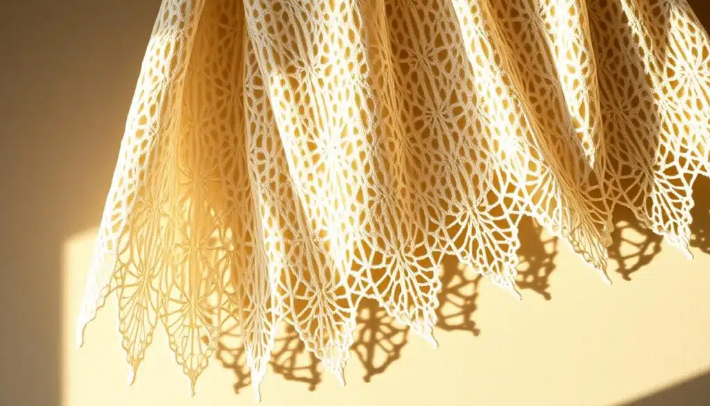 A soft, delicate block shawl made with intricate lace patterns, draped gracefully over a neutral background. The shawl's texture is prominent, with intricate stitches and airy openwork designs. Warm, diffused lighting from the side casts gentle shadows, accentuating the shawl's contours and creating a cozy, inviting atmosphere. The composition is balanced, with the shawl taking center stage, allowing the viewer to focus on the beauty and craftsmanship of the piece. The overall mood is one of warmth, comfort, and the gentle, calming essence of a handmade textile. A soft, delicate block shawl made with intricate lace patterns, draped gracefully over a neutral background. The shawl's texture is prominent, with intricate stitches and airy openwork designs. Warm, diffused lighting from the side casts gentle shadows, accentuating the shawl's contours and creating a cozy, inviting atmosphere. The composition is balanced, with the shawl taking center stage, allowing the viewer to focus on the beauty and craftsmanship of the piece. The overall mood is one of warmth, comfort, and the gentle, calming essence of a handmade textile.