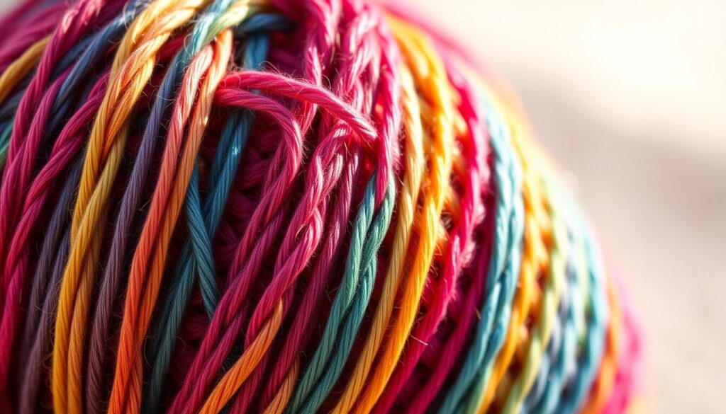 A vibrant, multicolored yarn in a stranded knitting pattern, taking center stage against a soft, blurred background. The fibers glisten with a slight sheen, each hue blending seamlessly into the next, creating a mesmerizing display of color dominance. The composition emphasizes the intricate interplay of the stranded stitches, inviting the viewer to appreciate the craft and artistry of this traditional knitting technique. Warm, natural lighting casts gentle shadows, highlighting the dimensional texture of the yarn. The overall mood is one of creative inspiration and a celebration of the endless possibilities within the medium of stranded knitting. A vibrant, multicolored yarn in a stranded knitting pattern, taking center stage against a soft, blurred background. The fibers glisten with a slight sheen, each hue blending seamlessly into the next, creating a mesmerizing display of color dominance. The composition emphasizes the intricate interplay of the stranded stitches, inviting the viewer to appreciate the craft and artistry of this traditional knitting technique. Warm, natural lighting casts gentle shadows, highlighting the dimensional texture of the yarn. The overall mood is one of creative inspiration and a celebration of the endless possibilities within the medium of stranded knitting.