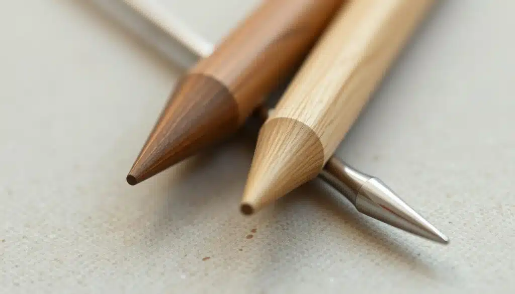 A well-lit close-up photograph of a pair of wood and metal knitting needles resting on a clean, neutral-colored surface. The needles are displayed side by side, with the wood needle showcasing its natural grain and the metal needle gleaming under the soft lighting. The background is slightly blurred, creating a sense of focus on the needles. The image conveys the care, longevity, and sustainability of both needle types, highlighting their unique properties and the considerations for a knitter when choosing between them. A well-lit close-up photograph of a pair of wood and metal knitting needles resting on a clean, neutral-colored surface. The needles are displayed side by side, with the wood needle showcasing its natural grain and the metal needle gleaming under the soft lighting. The background is slightly blurred, creating a sense of focus on the needles. The image conveys the care, longevity, and sustainability of both needle types, highlighting their unique properties and the considerations for a knitter when choosing between them.
