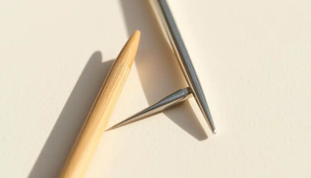 A wooden sewing needle and a metal needle lie side by side on a neutral background, casting subtle shadows. The wooden needle has a warm, organic texture, while the metal needle gleams with a sleek, industrial finish. Bright, diffused lighting illuminates the scene, highlighting the contrasting materials and forms. The composition emphasizes the visual comparison between these two distinct needle types, inviting the viewer to appreciate their unique properties and characteristics. A wooden sewing needle and a metal needle lie side by side on a neutral background, casting subtle shadows. The wooden needle has a warm, organic texture, while the metal needle gleams with a sleek, industrial finish. Bright, diffused lighting illuminates the scene, highlighting the contrasting materials and forms. The composition emphasizes the visual comparison between these two distinct needle types, inviting the viewer to appreciate their unique properties and characteristics.