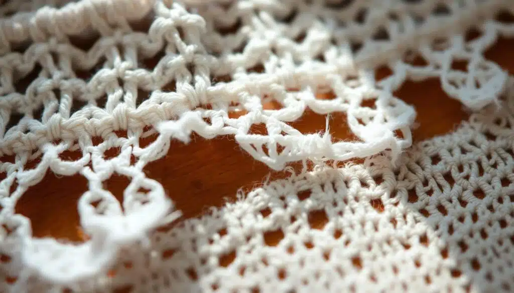Detailed close-up of delicate crochet edges, frayed and in need of repair. Soft natural lighting illuminates the intricate stitches, highlighting the texture and imperfections. The damaged sections stand out against the otherwise pristine crocheted fabric, drawing the viewer's attention to the areas requiring careful mending. The camera angle is straight on, providing a clear, unobstructed view of the crochet work. The overall mood is pensive, inviting the viewer to closely examine the reparative process necessary to restore the piece to its former glory. Detailed close-up of delicate crochet edges, frayed and in need of repair. Soft natural lighting illuminates the intricate stitches, highlighting the texture and imperfections. The damaged sections stand out against the otherwise pristine crocheted fabric, drawing the viewer's attention to the areas requiring careful mending. The camera angle is straight on, providing a clear, unobstructed view of the crochet work. The overall mood is pensive, inviting the viewer to closely examine the reparative process necessary to restore the piece to its former glory.