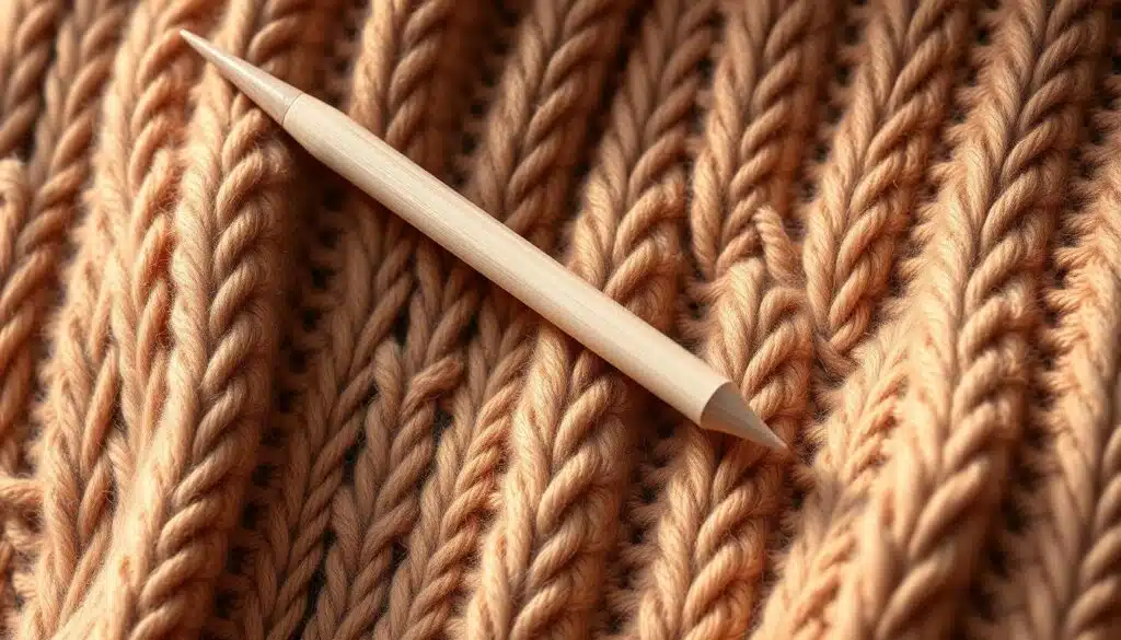 Detailed still life of a pair of knitting needles resting on a soft, cable-knit sweater. The needles are made of polished birchwood, their tips gleaming in the soft, natural light. The sweater is a warm, earthy tone, with intricate patterns and textures that suggest the care and skill required to create such a cozy garment. The image has a calming, inviting atmosphere, conveying the soothing, meditative nature of the knitting process. The composition is balanced and harmonious, drawing the viewer's eye to the essential tools of the craft. Detailed still life of a pair of knitting needles resting on a soft, cable-knit sweater. The needles are made of polished birchwood, their tips gleaming in the soft, natural light. The sweater is a warm, earthy tone, with intricate patterns and textures that suggest the care and skill required to create such a cozy garment. The image has a calming, inviting atmosphere, conveying the soothing, meditative nature of the knitting process. The composition is balanced and harmonious, drawing the viewer's eye to the essential tools of the craft.