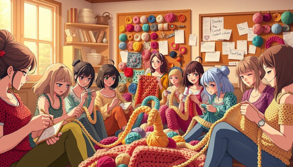 A bustling crochet community gathering in a cozy studio, warm lighting casting a gentle glow on the intricately textured creations. In the foreground, a group of passionate crafters sit together, their hands deftly weaving colorful yarn into intricate patterns, exchanging tips and techniques. The middle ground reveals a display of finished projects, showcasing the diverse styles and skills of the group. In the background, a wall-mounted corkboard is adorned with inspiring yarn samples, patterns, and encouraging notes, fostering a collaborative and supportive atmosphere. The scene evokes a sense of camaraderie, creativity, and a shared enthusiasm for the art of crochet. A bustling crochet community gathering in a cozy studio, warm lighting casting a gentle glow on the intricately textured creations. In the foreground, a group of passionate crafters sit together, their hands deftly weaving colorful yarn into intricate patterns, exchanging tips and techniques. The middle ground reveals a display of finished projects, showcasing the diverse styles and skills of the group. In the background, a wall-mounted corkboard is adorned with inspiring yarn samples, patterns, and encouraging notes, fostering a collaborative and supportive atmosphere. The scene evokes a sense of camaraderie, creativity, and a shared enthusiasm for the art of crochet.