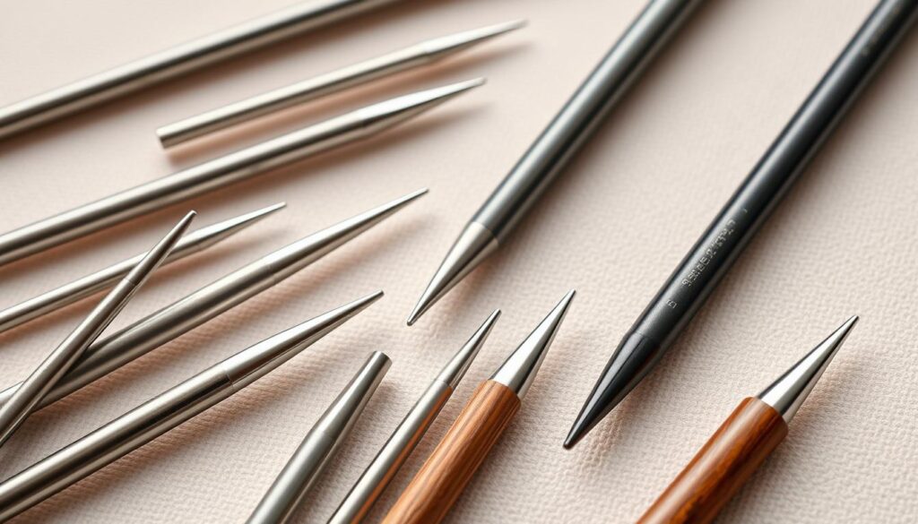 A close-up, detailed shot of an assortment of interchangeable knitting needle sets. The needles are arranged neatly on a soft, neutral-colored background, highlighting their sleek, modern design. The sets include needles in a range of sizes, from delicate lace to chunky bulky, with various tips and cords to accommodate different knitting projects. Soft, even lighting illuminates the polished metal and smooth wood finishes, creating a sense of sophistication and craftsmanship. The composition emphasizes the versatility and functionality of these specialized knitting tools, showcasing their ability to adapt to the diverse needs of the experienced knitter. A close-up, detailed shot of an assortment of interchangeable knitting needle sets. The needles are arranged neatly on a soft, neutral-colored background, highlighting their sleek, modern design. The sets include needles in a range of sizes, from delicate lace to chunky bulky, with various tips and cords to accommodate different knitting projects. Soft, even lighting illuminates the polished metal and smooth wood finishes, creating a sense of sophistication and craftsmanship. The composition emphasizes the versatility and functionality of these specialized knitting tools, showcasing their ability to adapt to the diverse needs of the experienced knitter.