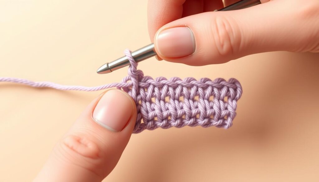A close-up view of a hand demonstrating the single crochet stitch. The fingers are carefully manipulating a crochet hook and yarn, guiding the hook through the loops to create a neat, uniform row of single crochet stitches. The background is a plain, neutral tone that allows the crochet work to be the focal point. The lighting is soft and diffused, highlighting the texture of the yarn and the intricate movements of the fingers. The composition is centered and well-balanced, conveying a sense of clarity and simplicity that aligns with the "beginner-friendly" nature of the subject matter. A close-up view of a hand demonstrating the single crochet stitch. The fingers are carefully manipulating a crochet hook and yarn, guiding the hook through the loops to create a neat, uniform row of single crochet stitches. The background is a plain, neutral tone that allows the crochet work to be the focal point. The lighting is soft and diffused, highlighting the texture of the yarn and the intricate movements of the fingers. The composition is centered and well-balanced, conveying a sense of clarity and simplicity that aligns with the "beginner-friendly" nature of the subject matter.
