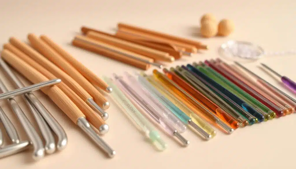 A collection of crochet hooks in various materials, meticulously arranged on a neutral-colored background. In the foreground, an array of aluminum hooks with polished silver finishes, their smooth curves catching the soft, diffused lighting. Beside them, a set of warm-toned wooden hooks, their natural grain patterns adding a rustic elegance. In the middle ground, a selection of translucent plastic hooks in a range of vibrant colors, their lightweight forms creating a delicate contrast. Finally, in the background, a small group of resin hooks in luxurious hues, their glossy surfaces reflecting the scene with a sense of refinement. The overall composition showcases the diverse materiality and aesthetics of crochet hook options, inviting the viewer to explore the nuances of these essential crafting tools. A collection of crochet hooks in various materials, meticulously arranged on a neutral-colored background. In the foreground, an array of aluminum hooks with polished silver finishes, their smooth curves catching the soft, diffused lighting. Beside them, a set of warm-toned wooden hooks, their natural grain patterns adding a rustic elegance. In the middle ground, a selection of translucent plastic hooks in a range of vibrant colors, their lightweight forms creating a delicate contrast. Finally, in the background, a small group of resin hooks in luxurious hues, their glossy surfaces reflecting the scene with a sense of refinement. The overall composition showcases the diverse materiality and aesthetics of crochet hook options, inviting the viewer to explore the nuances of these essential crafting tools.