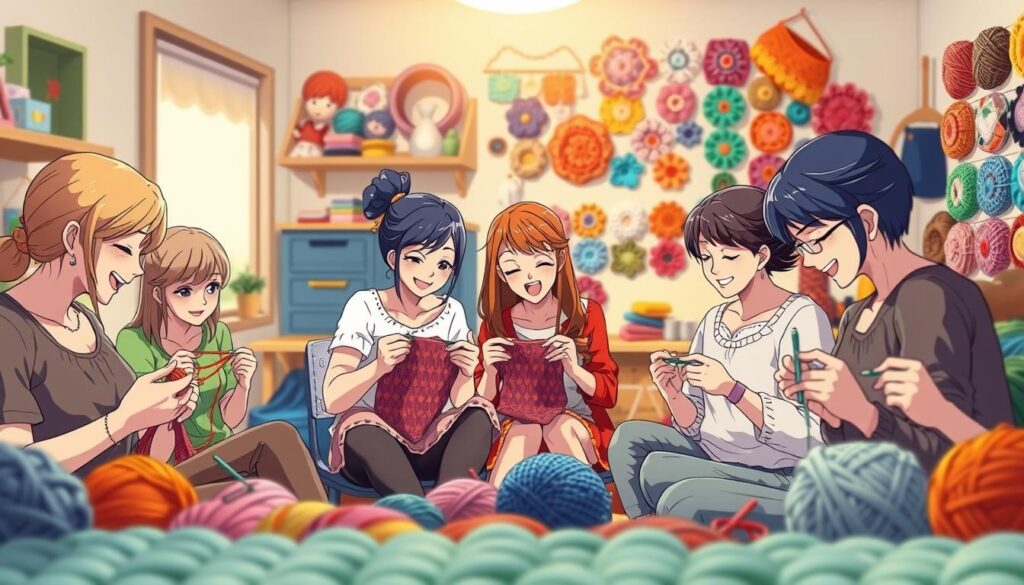 A cozy community of crocheters, gathered in a warmly lit studio, their hands skillfully weaving intricate patterns. In the foreground, a circle of friends collaborating on a shared project, their faces alight with joy and camaraderie. In the middle ground, rows of colorful yarn and tools, arranged with care, reflecting the passion and dedication of this tight-knit group. In the background, a wall adorned with vibrant crochet samples, showcasing the diverse talents and creations of the community. Soft, diffused lighting sets a welcoming and inclusive tone, inviting viewers to join this supportive network of handmade enthusiasts. A cozy community of crocheters, gathered in a warmly lit studio, their hands skillfully weaving intricate patterns. In the foreground, a circle of friends collaborating on a shared project, their faces alight with joy and camaraderie. In the middle ground, rows of colorful yarn and tools, arranged with care, reflecting the passion and dedication of this tight-knit group. In the background, a wall adorned with vibrant crochet samples, showcasing the diverse talents and creations of the community. Soft, diffused lighting sets a welcoming and inclusive tone, inviting viewers to join this supportive network of handmade enthusiasts.