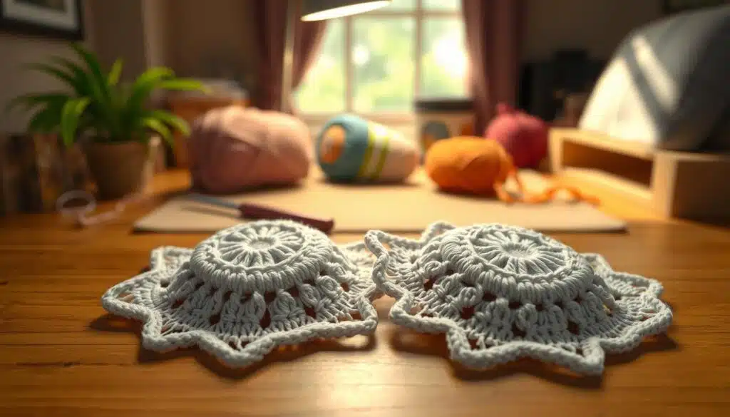 A cozy crochet studio setting, with soft lighting and a warm, inviting atmosphere. In the foreground, a pair of delicate crocheted pieces lie on a wooden surface, their intricate stitches and textures clearly visible. The middle ground features a set of crochet hooks and skeins of yarn in complementary colors, neatly arranged. In the background, a gentle, out-of-focus blur suggests a tranquil, serene environment, conducive to the art of crochet. The overall scene conveys a sense of calm, focus, and the joy of crafting, setting the stage for the tutorial on preparing crocheted pieces through blocking, stuffing, and positioning. A cozy crochet studio setting, with soft lighting and a warm, inviting atmosphere. In the foreground, a pair of delicate crocheted pieces lie on a wooden surface, their intricate stitches and textures clearly visible. The middle ground features a set of crochet hooks and skeins of yarn in complementary colors, neatly arranged. In the background, a gentle, out-of-focus blur suggests a tranquil, serene environment, conducive to the art of crochet. The overall scene conveys a sense of calm, focus, and the joy of crafting, setting the stage for the tutorial on preparing crocheted pieces through blocking, stuffing, and positioning.