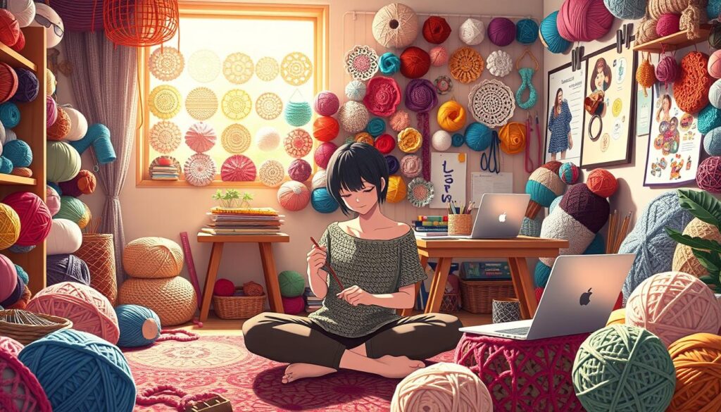 A cozy crochet workshop filled with vibrant yarns, woolen textures, and handmade tools. In the foreground, a skilled crafter sits cross-legged, needle in hand, weaving intricate patterns. Behind, a wall display showcases a range of crochet samples, each a unique brand identity. The mid-ground features a well-lit workspace with a laptop, notebook, and inspirational mood board. Soft, warm lighting filters through the room, creating a serene, inviting atmosphere for building a crochet-focused business. A cozy crochet workshop filled with vibrant yarns, woolen textures, and handmade tools. In the foreground, a skilled crafter sits cross-legged, needle in hand, weaving intricate patterns. Behind, a wall display showcases a range of crochet samples, each a unique brand identity. The mid-ground features a well-lit workspace with a laptop, notebook, and inspirational mood board. Soft, warm lighting filters through the room, creating a serene, inviting atmosphere for building a crochet-focused business.
