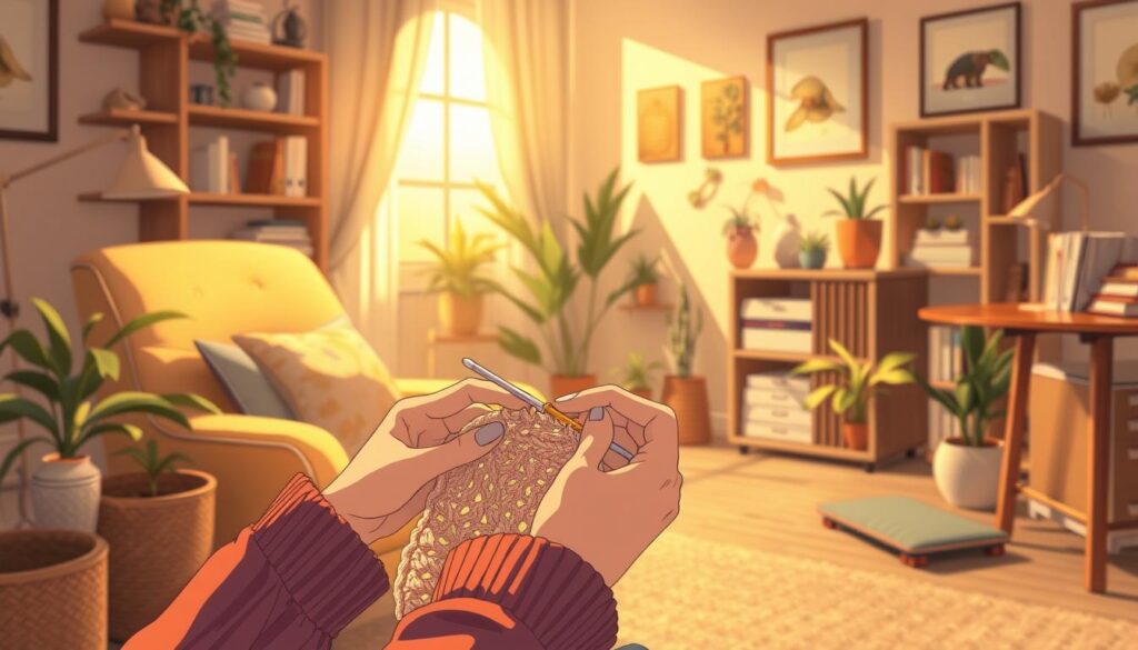 A cozy ergonomic crochet nook with an artisan's hands meticulously working on a project. Warm, soft lighting illuminates the scene, casting a golden glow on the detailed stitches and the crocheter's focused expression. The foreground features the crocheter's hands gracefully maneuvering the yarn and hook, showcasing proper crochet technique. The middle ground includes a comfortable, supportive chair and a well-designed crochet workstation with ergonomic tools and accessories. The background depicts a peaceful, inspirational space with natural elements like potted plants, a bookshelf, and calming wall art, creating a harmonious atmosphere conducive to mindful crochet practice. A cozy ergonomic crochet nook with an artisan's hands meticulously working on a project. Warm, soft lighting illuminates the scene, casting a golden glow on the detailed stitches and the crocheter's focused expression. The foreground features the crocheter's hands gracefully maneuvering the yarn and hook, showcasing proper crochet technique. The middle ground includes a comfortable, supportive chair and a well-designed crochet workstation with ergonomic tools and accessories. The background depicts a peaceful, inspirational space with natural elements like potted plants, a bookshelf, and calming wall art, creating a harmonious atmosphere conducive to mindful crochet practice.