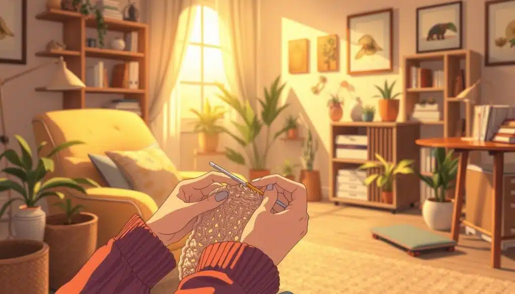 A cozy ergonomic crochet nook with an artisan's hands meticulously working on a project. Warm, soft lighting illuminates the scene, casting a golden glow on the detailed stitches and the crocheter's focused expression. The foreground features the crocheter's hands gracefully maneuvering the yarn and hook, showcasing proper crochet technique. The middle ground includes a comfortable, supportive chair and a well-designed crochet workstation with ergonomic tools and accessories. The background depicts a peaceful, inspirational space with natural elements like potted plants, a bookshelf, and calming wall art, creating a harmonious atmosphere conducive to mindful crochet practice. A cozy ergonomic crochet nook with an artisan's hands meticulously working on a project. Warm, soft lighting illuminates the scene, casting a golden glow on the detailed stitches and the crocheter's focused expression. The foreground features the crocheter's hands gracefully maneuvering the yarn and hook, showcasing proper crochet technique. The middle ground includes a comfortable, supportive chair and a well-designed crochet workstation with ergonomic tools and accessories. The background depicts a peaceful, inspirational space with natural elements like potted plants, a bookshelf, and calming wall art, creating a harmonious atmosphere conducive to mindful crochet practice.