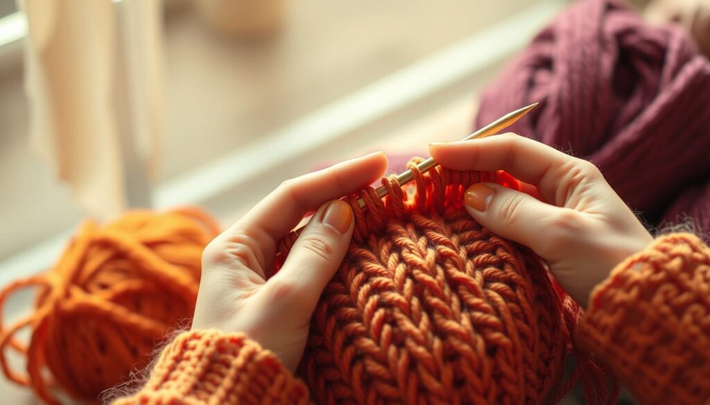 A cozy scene of intricate knitting in the round, with vibrant yarn fibers in a warm palette. The image is shot with a shallow depth of field, focusing on the nimble hands skillfully manipulating double-pointed needles to shape a seamless circular knit. The background is softly blurred, emphasizing the tactile, meditative nature of the craft. Warm, diffused lighting casts a gentle glow, creating a serene, immersive atmosphere that invites the viewer to pause and appreciate the art of knitting. A cozy scene of intricate knitting in the round, with vibrant yarn fibers in a warm palette. The image is shot with a shallow depth of field, focusing on the nimble hands skillfully manipulating double-pointed needles to shape a seamless circular knit. The background is softly blurred, emphasizing the tactile, meditative nature of the craft. Warm, diffused lighting casts a gentle glow, creating a serene, immersive atmosphere that invites the viewer to pause and appreciate the art of knitting.