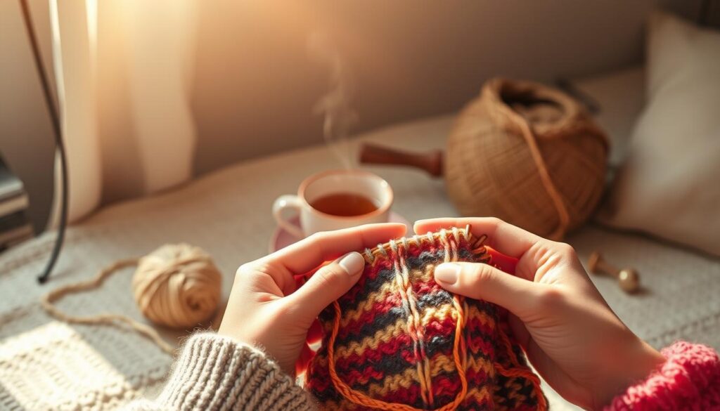 A cozy scene of knitting on Instagram, captured with a warm, natural lighting and a soft, dreamy focus. In the foreground, a pair of hands deftly manipulate knitting needles, creating a vibrant, colorful pattern. The middle ground showcases an inviting, minimalist workspace, with a cup of steaming tea and a skein of yarn, all framed by a serene, neutral-toned background, suggesting a peaceful, inspiring atmosphere. The overall composition evokes a sense of modern, artful craftsmanship, reflecting the evolving aesthetic of contemporary knitting. A cozy scene of knitting on Instagram, captured with a warm, natural lighting and a soft, dreamy focus. In the foreground, a pair of hands deftly manipulate knitting needles, creating a vibrant, colorful pattern. The middle ground showcases an inviting, minimalist workspace, with a cup of steaming tea and a skein of yarn, all framed by a serene, neutral-toned background, suggesting a peaceful, inspiring atmosphere. The overall composition evokes a sense of modern, artful craftsmanship, reflecting the evolving aesthetic of contemporary knitting.