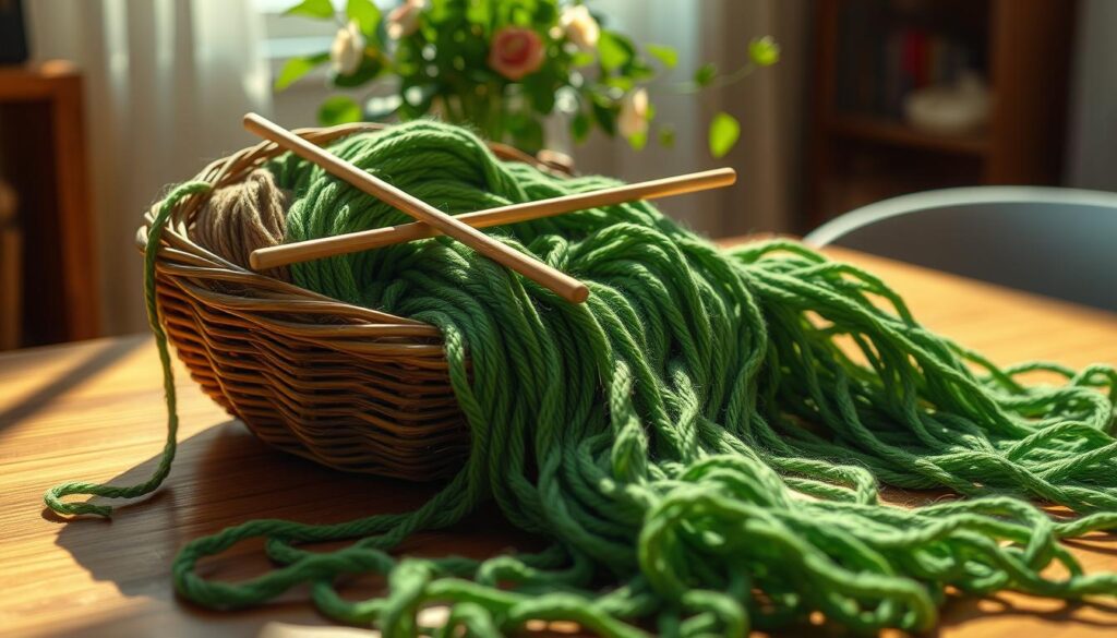 A cozy scene of vibrant green yarn strands spilling from an open knitting basket, with a pair of wooden needles resting atop. Soft, diffused lighting illuminates the rich textures, as delicate shadows dance across the wooden table surface. In the background, a lush indoor plant and a vase of fresh flowers add to the serene, nature-inspired atmosphere. The overall composition conveys a sense of tranquility and the joy of eco-friendly, sustainable crafting. A cozy scene of vibrant green yarn strands spilling from an open knitting basket, with a pair of wooden needles resting atop. Soft, diffused lighting illuminates the rich textures, as delicate shadows dance across the wooden table surface. In the background, a lush indoor plant and a vase of fresh flowers add to the serene, nature-inspired atmosphere. The overall composition conveys a sense of tranquility and the joy of eco-friendly, sustainable crafting.