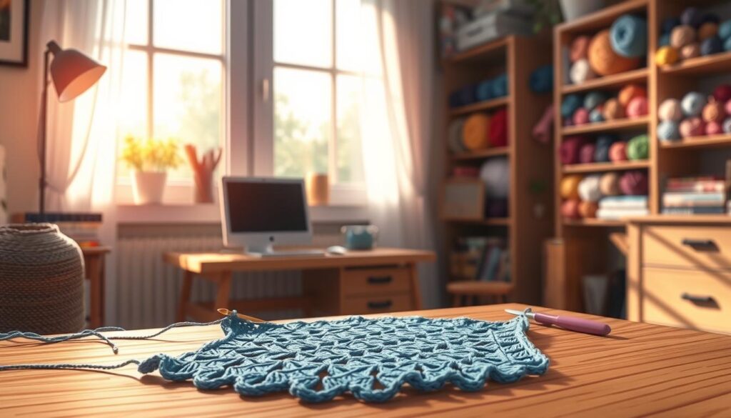 A cozy, well-lit home studio, with a crocheting setup in the foreground. A wooden table holds a partially completed crochet project, the edges kept perfectly straight with the help of a measuring tool and stitch markers. Soft, natural lighting from a large window illuminates the scene, casting a warm, inviting glow. In the background, shelves display a variety of colorful yarn skeins, creating a harmonious, inspiring atmosphere for the crafter. The overall mood is one of focus, precision, and the satisfaction of mastering a craft. A cozy, well-lit home studio, with a crocheting setup in the foreground. A wooden table holds a partially completed crochet project, the edges kept perfectly straight with the help of a measuring tool and stitch markers. Soft, natural lighting from a large window illuminates the scene, casting a warm, inviting glow. In the background, shelves display a variety of colorful yarn skeins, creating a harmonious, inspiring atmosphere for the crafter. The overall mood is one of focus, precision, and the satisfaction of mastering a craft.