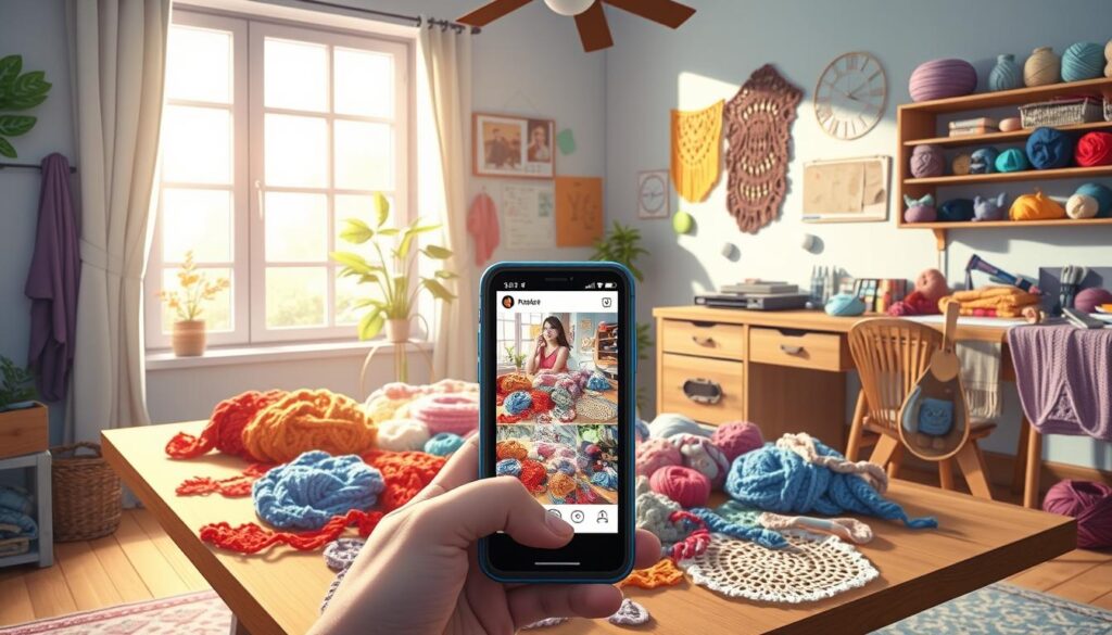 A cozy, well-lit home studio with an artfully arranged crochet display. In the foreground, an array of vibrant, intricate yarn projects - scarves, blankets, and delicate accessories. Centered on a wooden table, they catch the warm, diffused light from a large window. In the middle ground, a smartphone captures the scene, its screen displaying a social media post highlighting the handcrafted items. The background features a neatly organized workspace, with skeins of yarn, hooks, and other crochet supplies. The overall atmosphere conveys a sense of creativity, productivity, and the idea of sharing one's passion for crochet on social media. A cozy, well-lit home studio with an artfully arranged crochet display. In the foreground, an array of vibrant, intricate yarn projects - scarves, blankets, and delicate accessories. Centered on a wooden table, they catch the warm, diffused light from a large window. In the middle ground, a smartphone captures the scene, its screen displaying a social media post highlighting the handcrafted items. The background features a neatly organized workspace, with skeins of yarn, hooks, and other crochet supplies. The overall atmosphere conveys a sense of creativity, productivity, and the idea of sharing one's passion for crochet on social media.