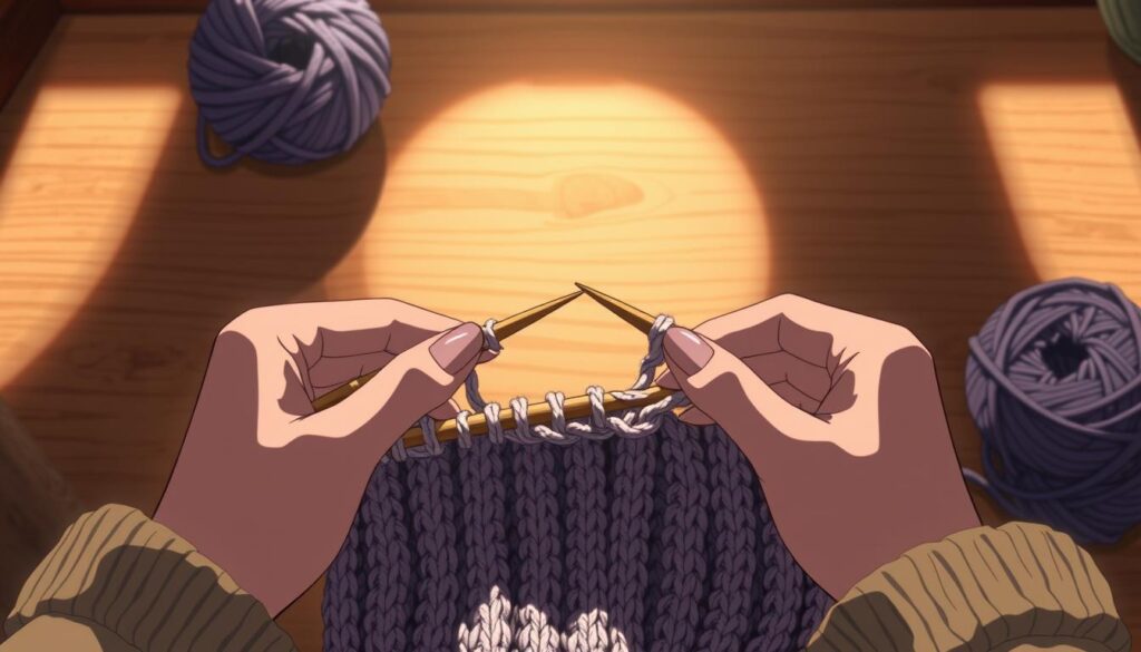 A cozy, well-lit knitting tutorial scene. In the foreground, a pair of hands gracefully demonstrating the Kitchener stitch, with yarn and knitting needles in focus. In the middle ground, a soft, textured background of a wooden table or surface, evoking a sense of warmth and craftsmanship. The lighting is gentle, with soft shadows and highlights accentuating the detailed stitchwork. The mood is serene, inviting the viewer to follow along and learn the technique for a seamless, professional-looking finish to their knitting projects. A cozy, well-lit knitting tutorial scene. In the foreground, a pair of hands gracefully demonstrating the Kitchener stitch, with yarn and knitting needles in focus. In the middle ground, a soft, textured background of a wooden table or surface, evoking a sense of warmth and craftsmanship. The lighting is gentle, with soft shadows and highlights accentuating the detailed stitchwork. The mood is serene, inviting the viewer to follow along and learn the technique for a seamless, professional-looking finish to their knitting projects.