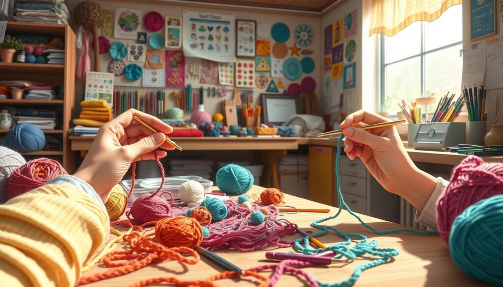 A cozy, well-lit studio space filled with the tools of the crochet trade. In the foreground, a pair of skilled hands expertly manipulating yarn and hooks, demonstrating a series of complex stitching techniques. Vibrant skeins of colorful yarn in various textures scattered across the table, inviting the viewer to join in the practice. The middle ground features a neatly organized array of crochet hooks, stitch markers, and other essential accessories, conveying a sense of focus and discipline. In the background, a wall adorned with inspirational crochet patterns and completed projects, setting the stage for a learning environment that fosters creativity and skill-building. The overall mood is one of concentration, productivity, and the joy of mastering a beloved craft. A cozy, well-lit studio space filled with the tools of the crochet trade. In the foreground, a pair of skilled hands expertly manipulating yarn and hooks, demonstrating a series of complex stitching techniques. Vibrant skeins of colorful yarn in various textures scattered across the table, inviting the viewer to join in the practice. The middle ground features a neatly organized array of crochet hooks, stitch markers, and other essential accessories, conveying a sense of focus and discipline. In the background, a wall adorned with inspirational crochet patterns and completed projects, setting the stage for a learning environment that fosters creativity and skill-building. The overall mood is one of concentration, productivity, and the joy of mastering a beloved craft.