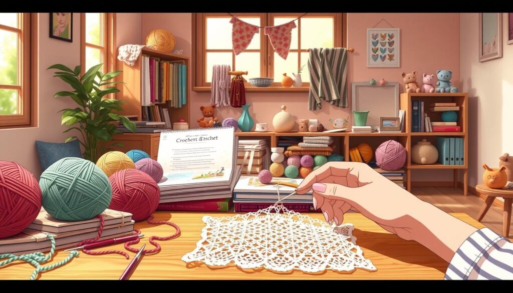 A cozy, well-lit studio with warm, natural lighting filtering through large windows. On a wooden table, an assortment of vibrant yarn skeins, crochet hooks of varying sizes, and a set of instructional crochet books. In the foreground, a pair of skilled hands effortlessly working a delicate crocheted pattern, the stitches taking shape with each loop. The middle ground showcases a collection of beginner-friendly crochet projects, from simple scarves to intricate amigurumi figures. The background features a tranquil, pastel-toned wall, creating a serene and inviting atmosphere for the crochet tutorial scene. A cozy, well-lit studio with warm, natural lighting filtering through large windows. On a wooden table, an assortment of vibrant yarn skeins, crochet hooks of varying sizes, and a set of instructional crochet books. In the foreground, a pair of skilled hands effortlessly working a delicate crocheted pattern, the stitches taking shape with each loop. The middle ground showcases a collection of beginner-friendly crochet projects, from simple scarves to intricate amigurumi figures. The background features a tranquil, pastel-toned wall, creating a serene and inviting atmosphere for the crochet tutorial scene.