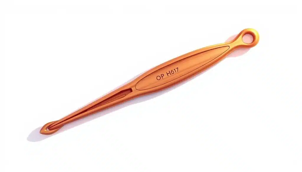 A detailed anatomical illustration of a crochet hook, showcasing its key components. The hook is centered in the frame, illuminated by warm, soft lighting from the left side, casting subtle shadows that accentuate its contours. The hook is depicted in a plain white background, allowing the viewer to focus on its intricate details. The image captures the hook's tapered shaft, the distinct curve of the tip, the ergonomic handle design, and the small hole at the end, all rendered with precision and technical accuracy to aid in understanding the tool's structure and functionality. A detailed anatomical illustration of a crochet hook, showcasing its key components. The hook is centered in the frame, illuminated by warm, soft lighting from the left side, casting subtle shadows that accentuate its contours. The hook is depicted in a plain white background, allowing the viewer to focus on its intricate details. The image captures the hook's tapered shaft, the distinct curve of the tip, the ergonomic handle design, and the small hole at the end, all rendered with precision and technical accuracy to aid in understanding the tool's structure and functionality.