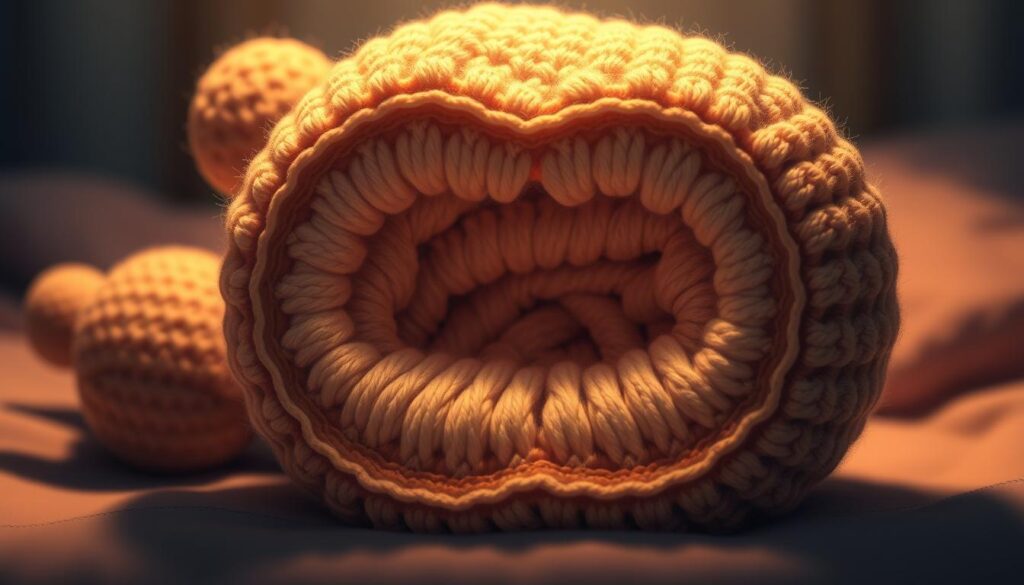 A detailed cross-section of a classic snuggler pattern, showcased in a soft, warm lighting. In the foreground, a close-up view of the anatomical structure, revealing the intricate stitching, plush fibers, and internal framework that gives the snuggler its distinctive shape and texture. The middle ground features a mid-range perspective, highlighting the overall silhouette and proportions, while the background subtly blends into a cozy, inviting atmosphere, evoking the comfort and warmth associated with handcrafted knit projects. Rendered with a high level of realism and attention to detail, capturing the essence of a beloved amigurumi pattern. A detailed cross-section of a classic snuggler pattern, showcased in a soft, warm lighting. In the foreground, a close-up view of the anatomical structure, revealing the intricate stitching, plush fibers, and internal framework that gives the snuggler its distinctive shape and texture. The middle ground features a mid-range perspective, highlighting the overall silhouette and proportions, while the background subtly blends into a cozy, inviting atmosphere, evoking the comfort and warmth associated with handcrafted knit projects. Rendered with a high level of realism and attention to detail, capturing the essence of a beloved amigurumi pattern.